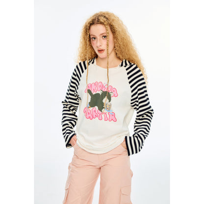 Andrea Martin Cat Printed Hooded Striped L/S Tee