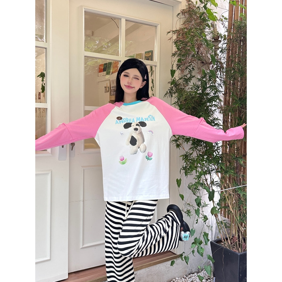 Andrea Martin Puppy Printed Raglan L/S Tee Pink