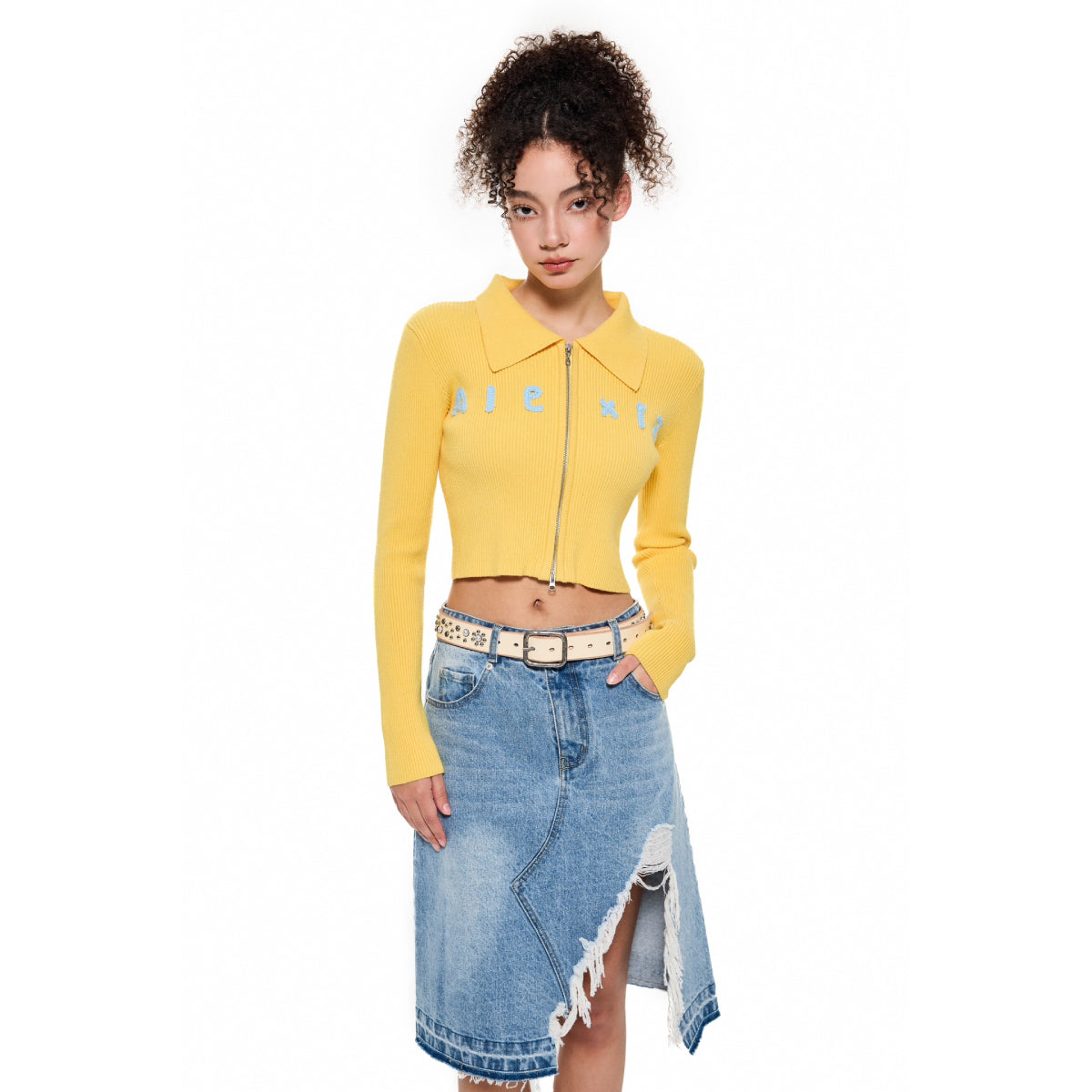 Alexia Sandra Dopamine Embroidery Logo Zipper Knit Top Yellow