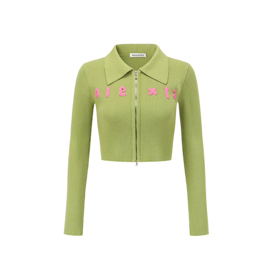 Alexia Sandra Dopamine Embroidery Logo Zipper Knit Top Green