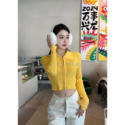 Alexia Sandra Dopamine Embroidery Logo Zipper Knit Top Yellow