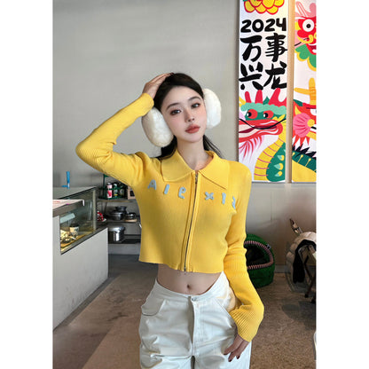 Alexia Sandra Dopamine Embroidery Logo Zipper Knit Top Yellow