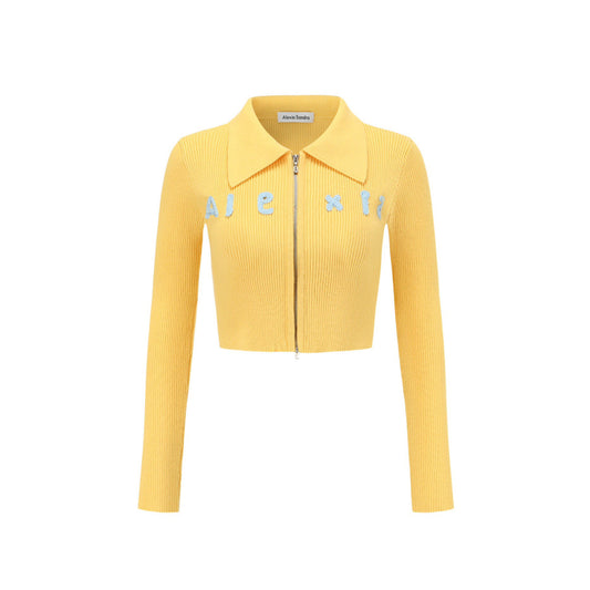 Alexia Sandra Dopamine Embroidery Logo Zipper Knit Top Yellow