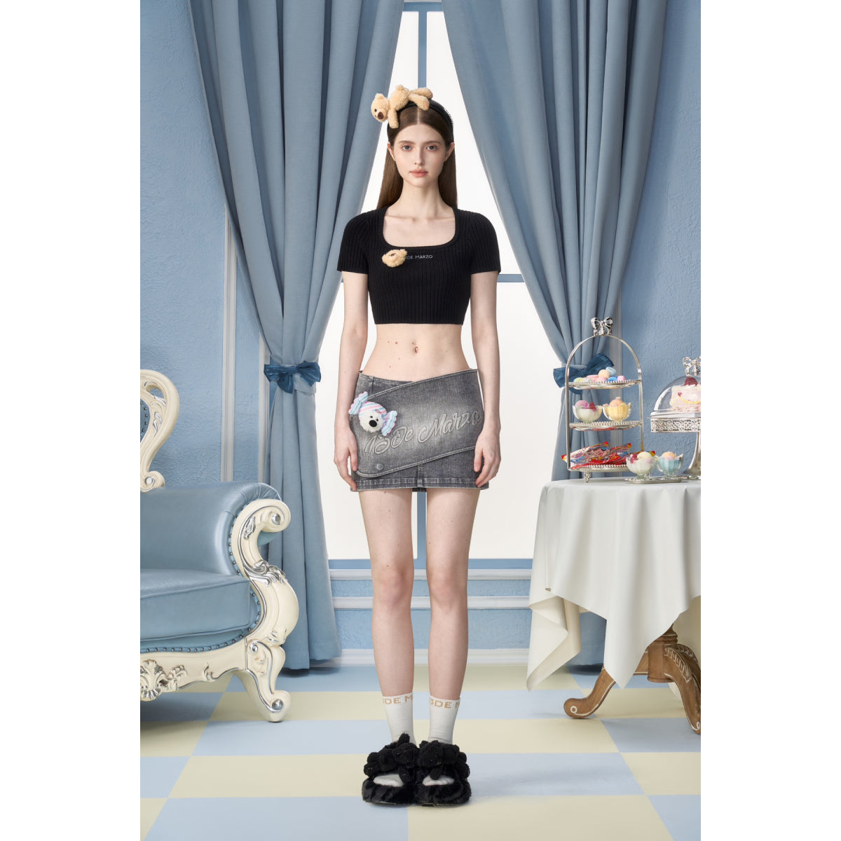 13De Marzo X PEKO Sweet Bear Low-Rise Mini Denim Skirt Gray