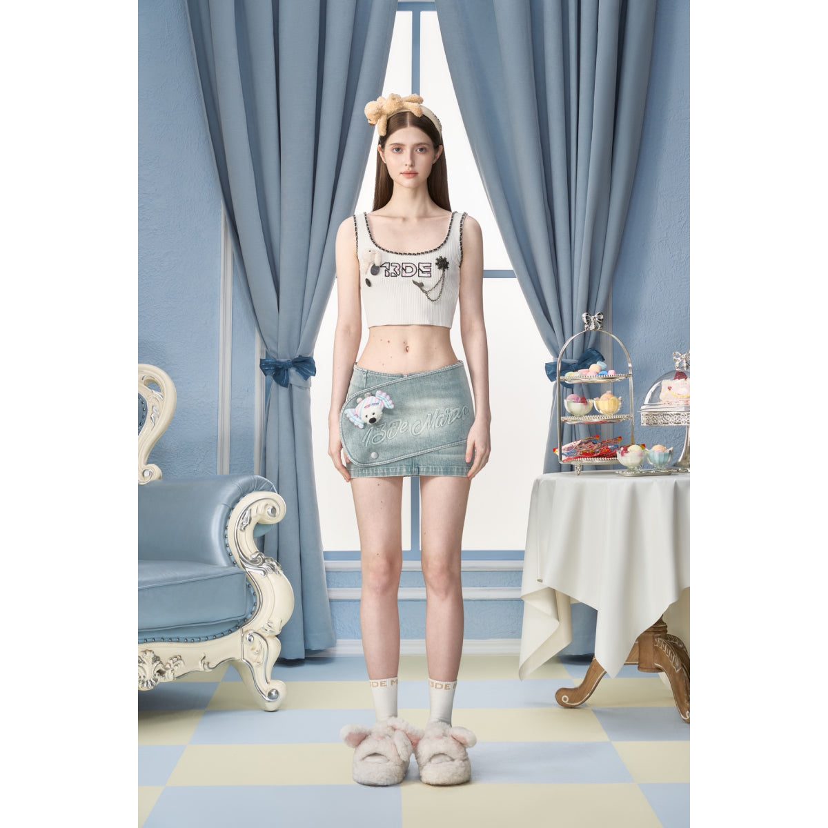 13De Marzo X PEKO Sweet Bear Low-Rise Mini Denim Skirt Blue