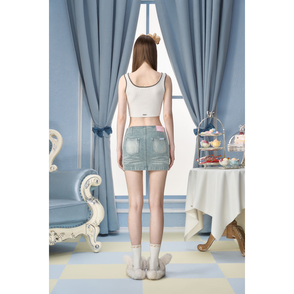 13De Marzo X PEKO Sweet Bear Low-Rise Mini Denim Skirt Blue